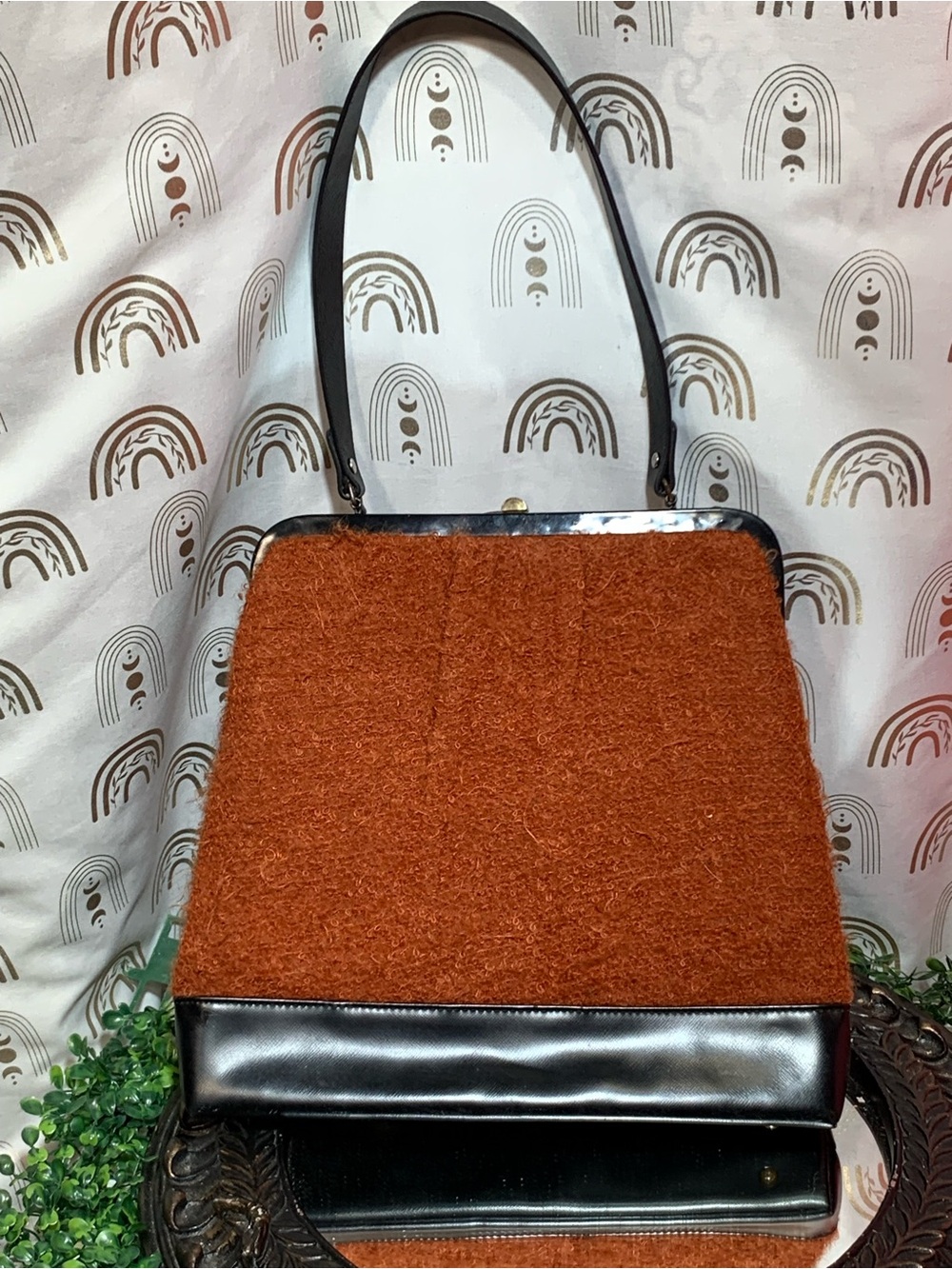 Vintage Rust Orange Wool-Textured Tote with Black Trim